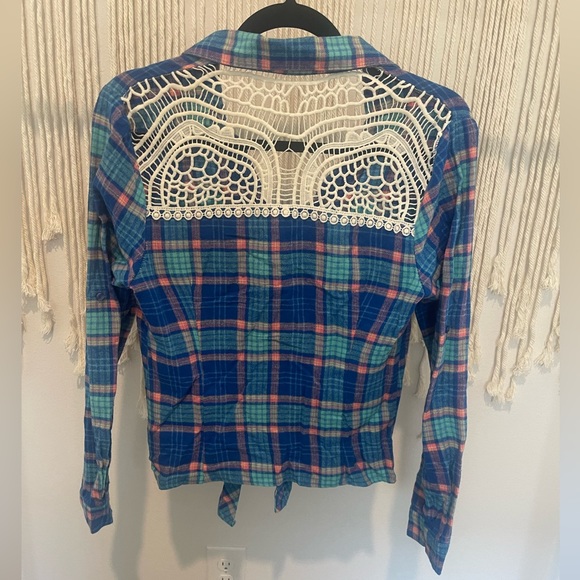 Button Down Tie-Front Laced Flannel Long Sleeve Sz L - Picture 2 of 6